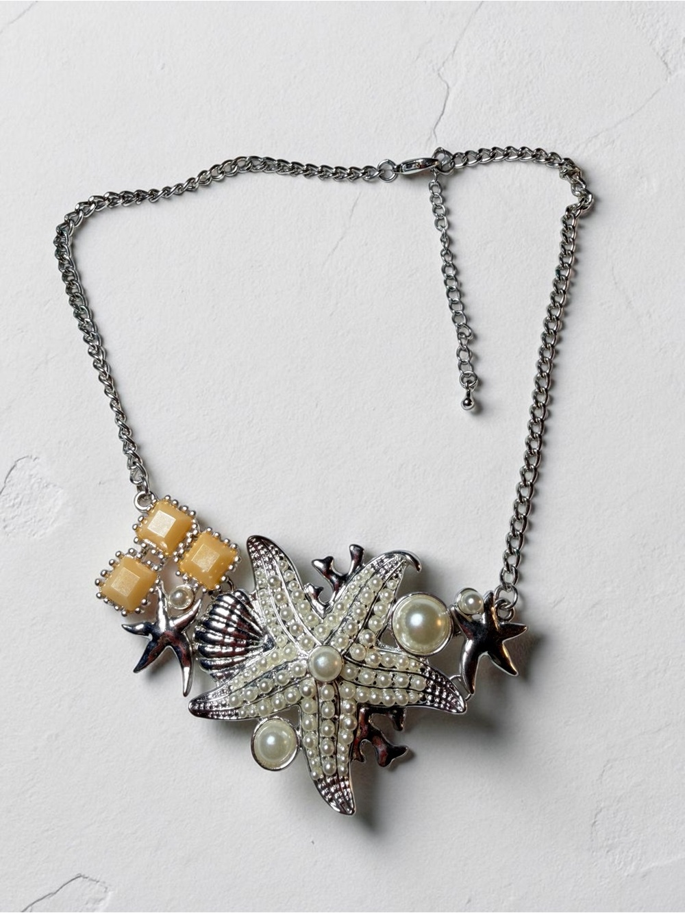 Pearl-Accented Starfish Statement Necklace - Silver
